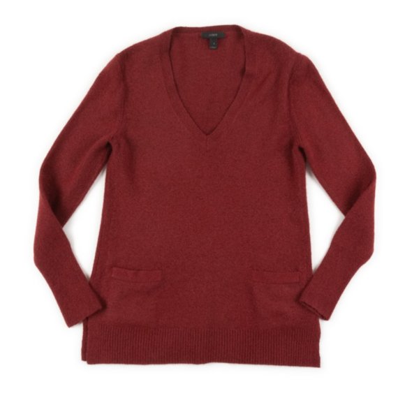 J. CREW deep V-neck long cranberry red pullover tunic sweater size S - Picture 1 of 8